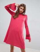 Asos Knitted Dress With Fluted Sleeves And Sports Tipping - Pink