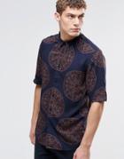 Asos Shirt In Navy Tapestry Print With Half Sleeves In Regular Fit - Navy
