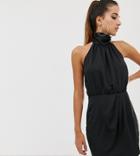 Missguided Satin Ruched Detail Halter Mini Dress In Black - Black