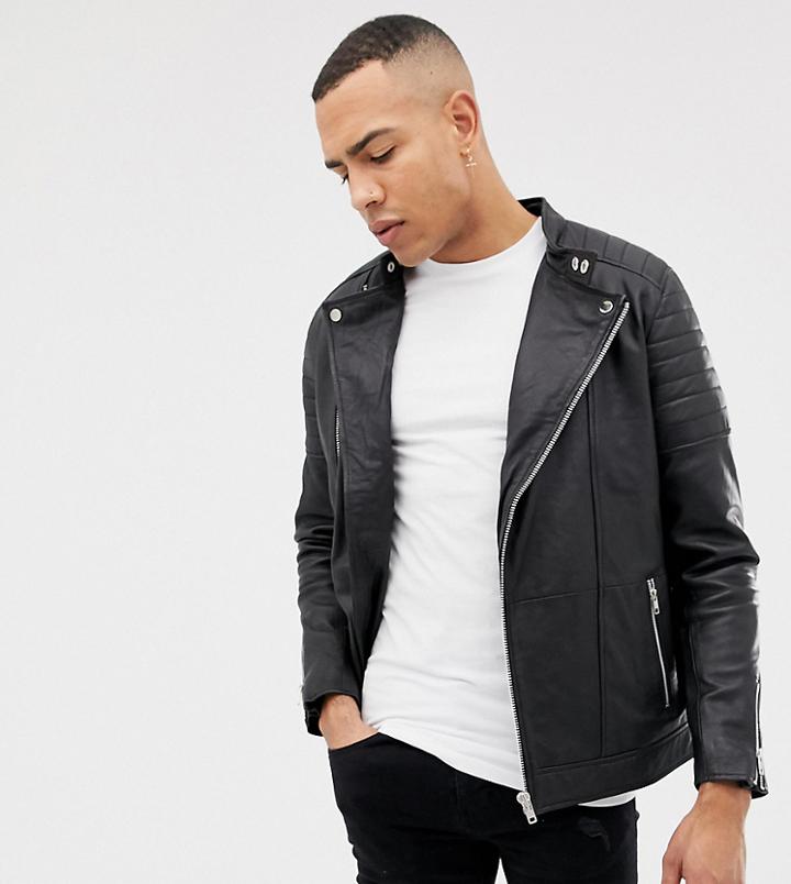 Jacamo Tall Smart Leather Biker Jacket-black