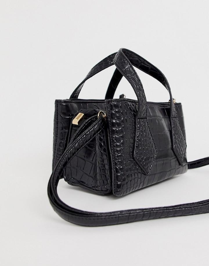 Glamorous Mock Croc Triple Compartment Crossbody Bag-black