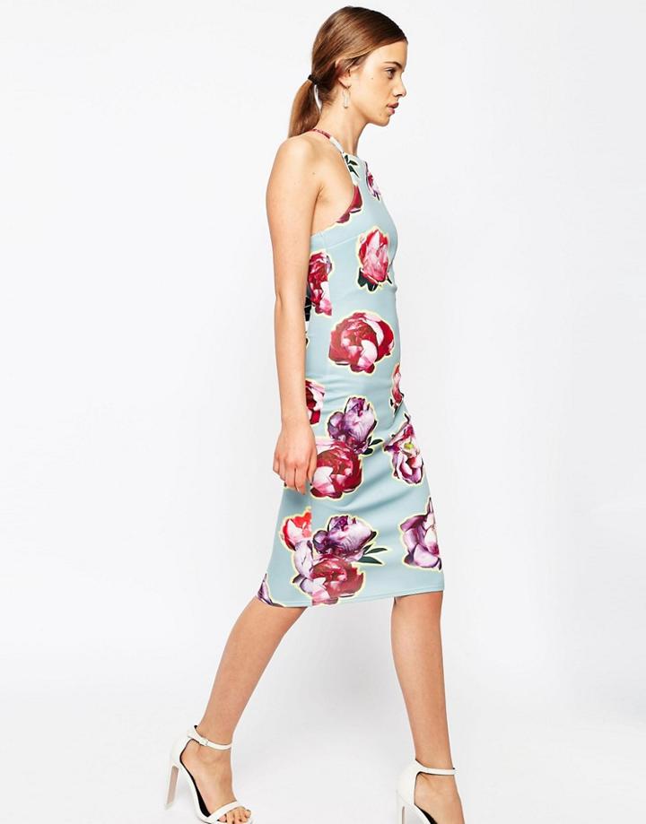 Asos Outline Floral Pinny Pencil Scuba Midi Dress - Multi
