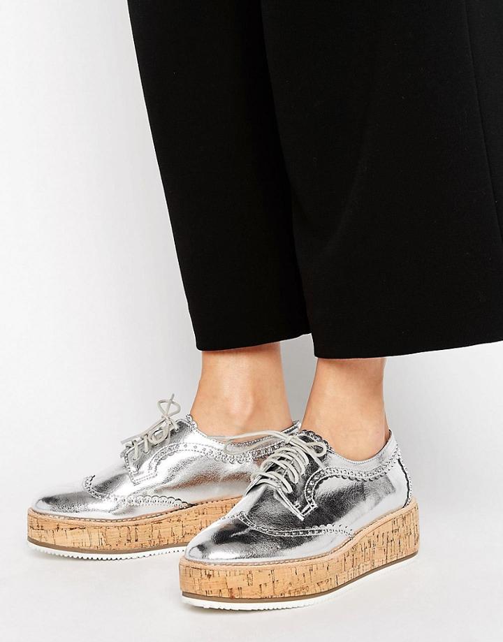 Kg By Kurt Geiger Kazam Silver Leather Flatform Lace Up Shoes - Silver