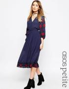 Asos Petite Embroidered Sleeve Tassel Tie Midi Dress - Multi