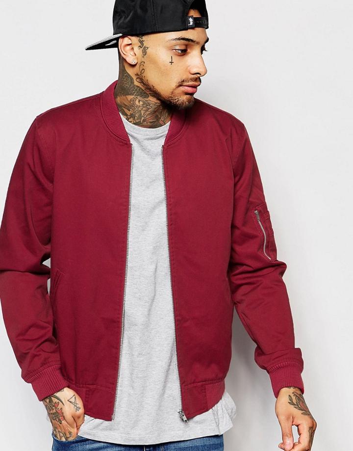 Asos Bomber Jacket In Burgundy With Ma1 Pocket - Burgundy