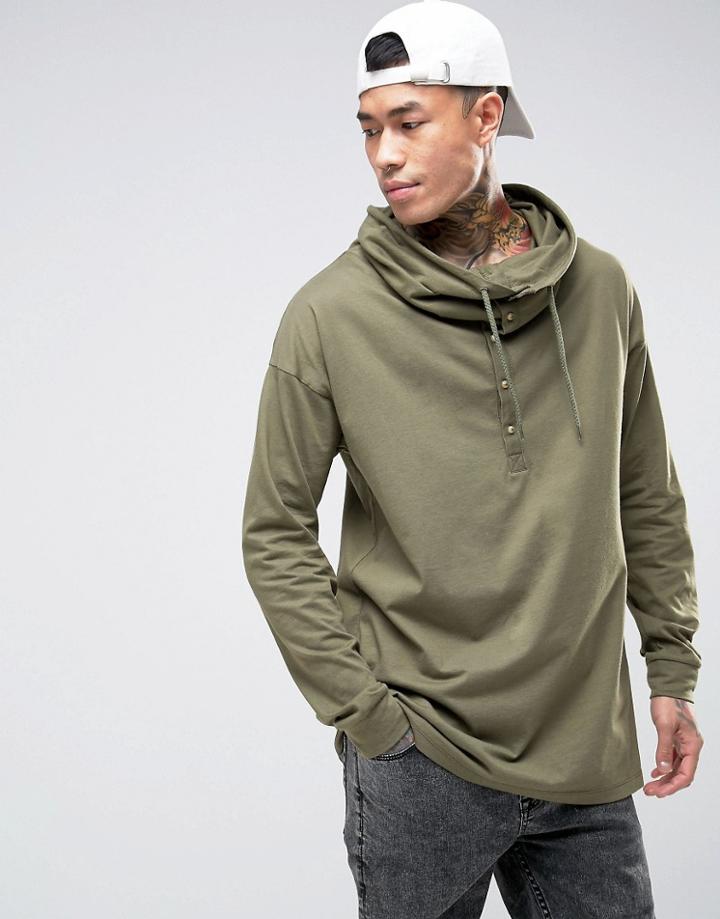 Asos Oversized Long Sleeve T-shirt With Button Up Funnel Neck - Green