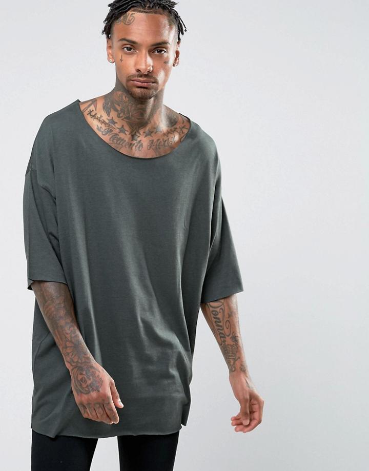 Asos Super Oversized T-shirt With Scoop Neck And Raw Edges In Green - Green