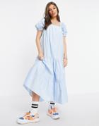 Stradivarius Puff Sleeve Midi Smock Dress In Blue-blues