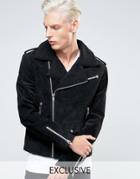 Black Dust Leather Biker Jacket With Fleece Collar - Black