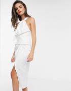 Asos Design Satin Halter Neck Midi Dress With Drape Bodice-white