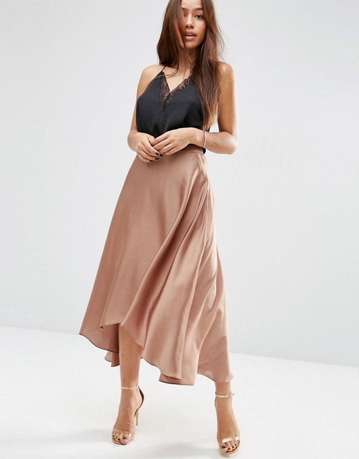 Asos Midi Skirt In Satin With Splices - Gold