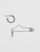Asos Design Earrings In Hoop And Crystal Safety Pin Design With Snake Charm In Silver Tone - Silver