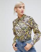 Lost Ink Blouse With Ruffle Trim In Abstract Zebra Print - Multi