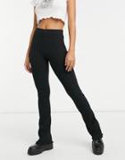 Bershka Recycled Cotton Ribbed Flare Pant With Lettuce Hem In Black