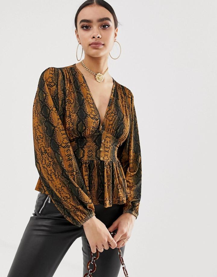 Asos Design Long Sleeve Top With Balloon Sleeve And Corset Waist In Snake Print - Multi