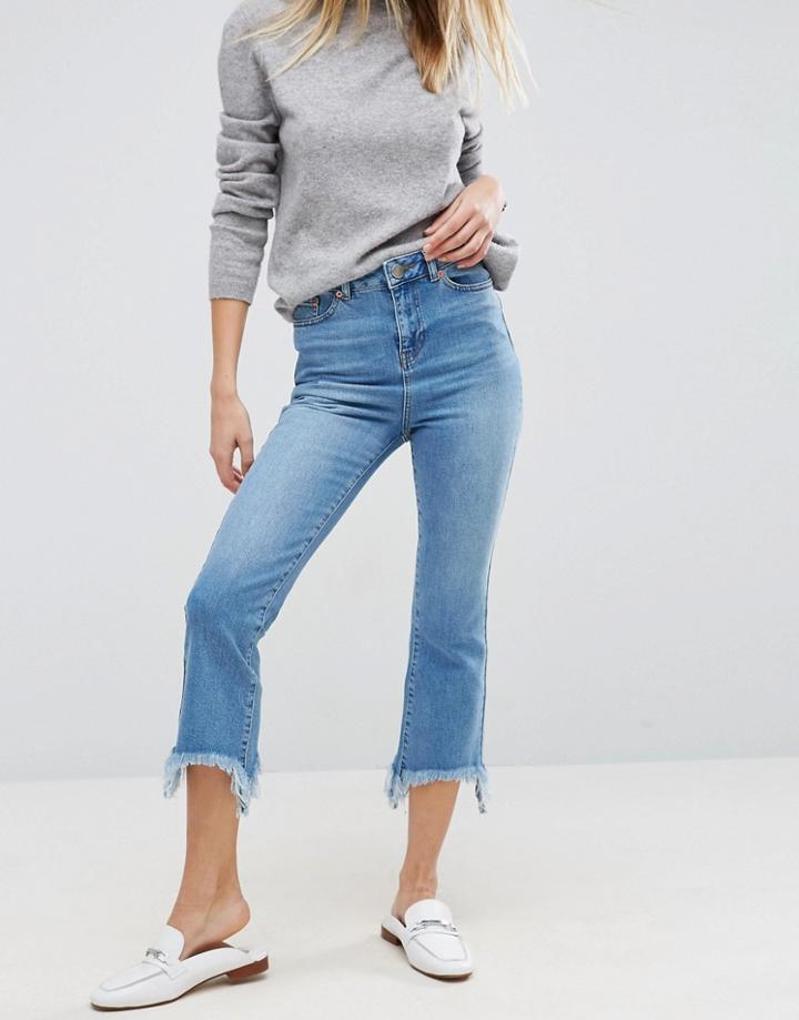 Asos Cropped Flare Jeans In Mid Stonewash With Arched Hem - Blue