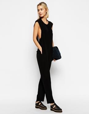 Asos White Silk Jumpsuit With Open Back Chiffon Panel - Black