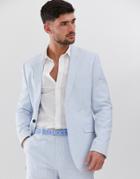 Asos Design Slim Suit Jacket In Cotton Seersucker With Blue And White Stripe - Blue