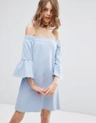 Asos Off Shoulder Dress With Fluted Sleeve - Blue