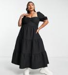 The Frolic Plus Milkmaid Maxi Smock Dress In Textured Black