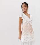 Chi Chi London Petite V Neck Skater Dress With Floral Design In White-multi