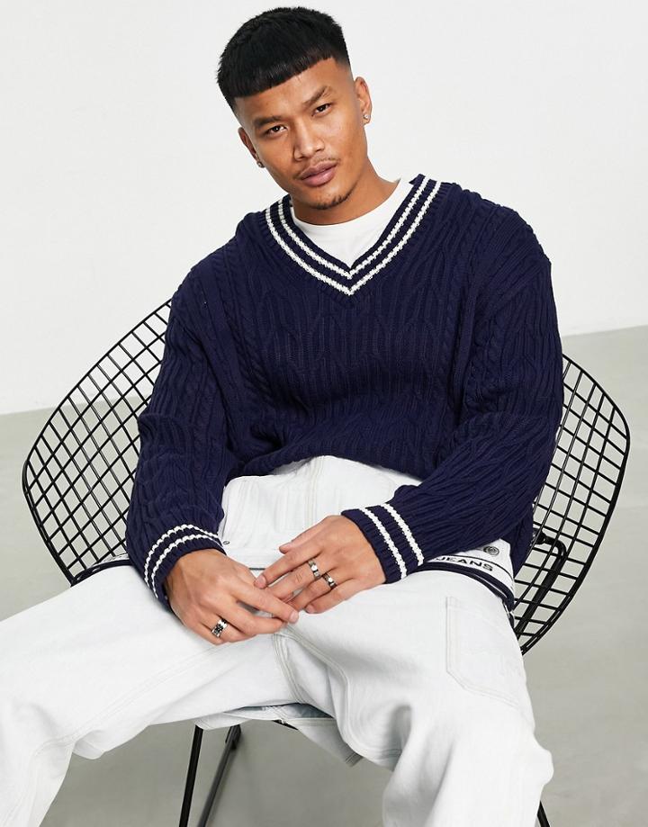 Asos Design Cable Knit Cricket Sweater In Navy