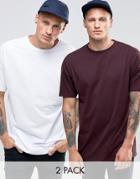 Asos 2 Pack Oversized Longline T-shirt In White/oxblood - Multi