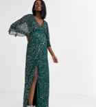 Maya Maternity Bridesmaid Delicate Sequin Wrap Maxi Dress In Green