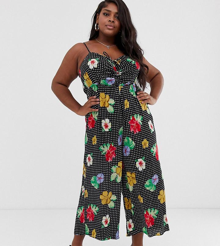 Asos Design Curve Cami Jumpsuit With Gathered Bodice In Floral Print - Multi