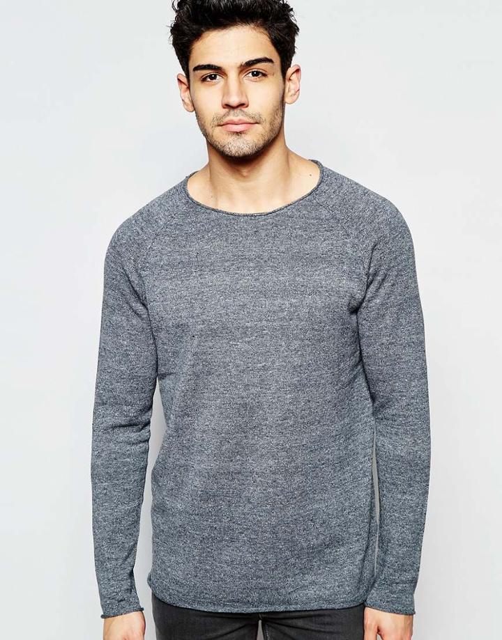 Selected Homme Lightweight Knitted Sweater With Raw Edge - Gray Melange