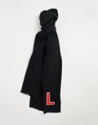 Asos Design Supersoft Long Woven Scarf With L Varsity Badge Embroidery In Black