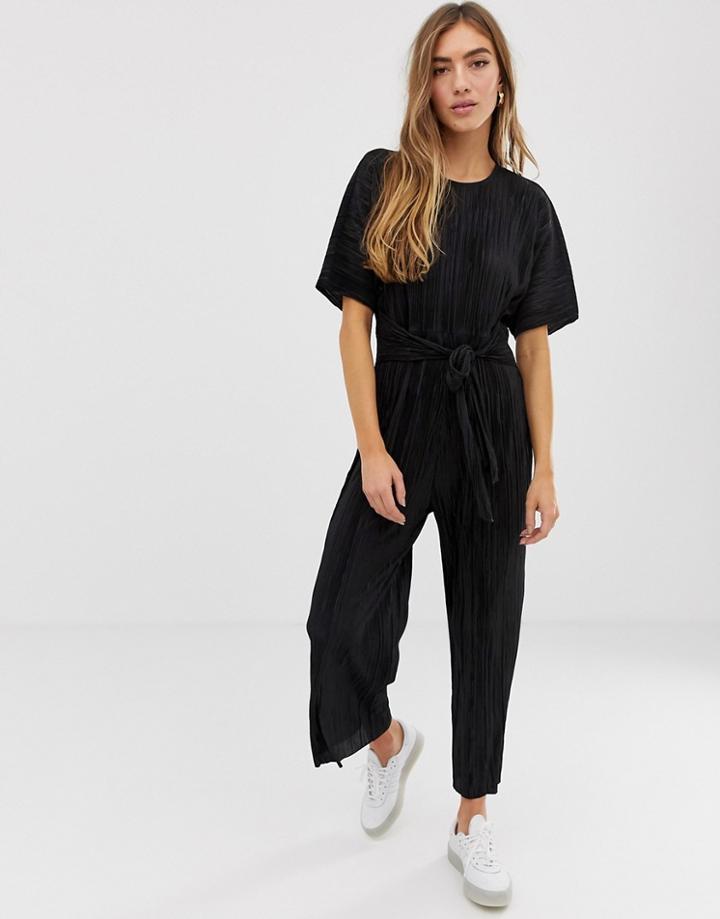 Asos Design Plisse Tie Front Culotte Jumpsuit - Black