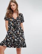 Nobody's Child Smock Dress With Tie Front In Mini Floral - Black