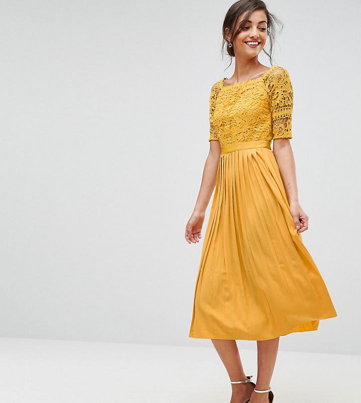 Little Mistress Tall Cutwork Lace Top Midi Skater Dress With Pleated Skirt - Yellow