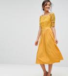 Little Mistress Tall Cutwork Lace Top Midi Skater Dress With Pleated Skirt - Yellow