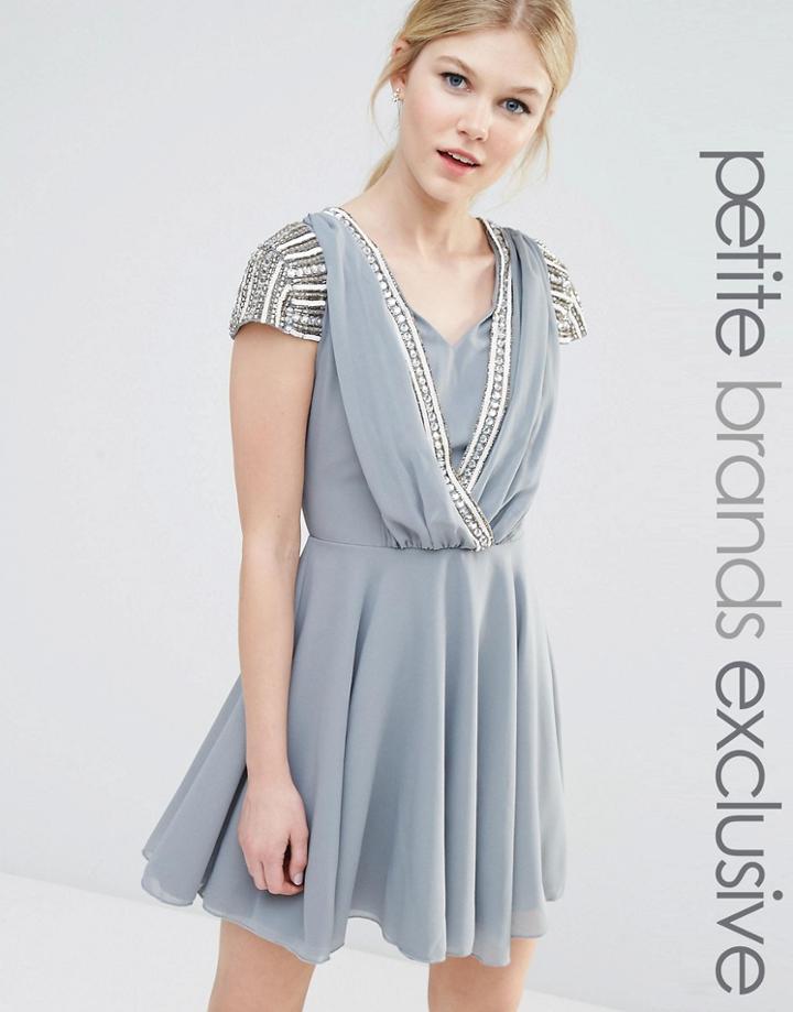 Maya Petite Short Sleeve Mini Dress With Embellished Sleeves And Wrap Front Detail - Gray