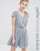 Maya Petite Short Sleeve Mini Dress With Embellished Sleeves And Wrap Front Detail - Gray