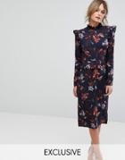 Hope & Ivy Long Sleeve Floral Printed Dress With Frill Detail - Multi
