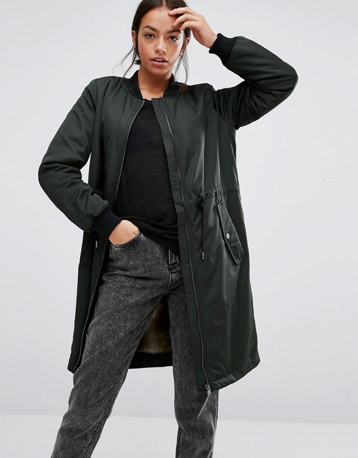 Only Longline Bomber With Faux Fur Lining - Green