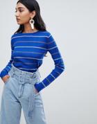 Mango Bold Color And Stripe Ribbed Top In Blue - Blue