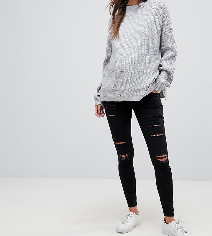 Asos Maternity Ridley High Waist Skinny Jeans In Black With Shredded Rips And Under The Bump Waistband - Black