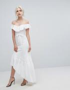 Club L Frill Detail Bardot Dress With Assymetric Hem - White
