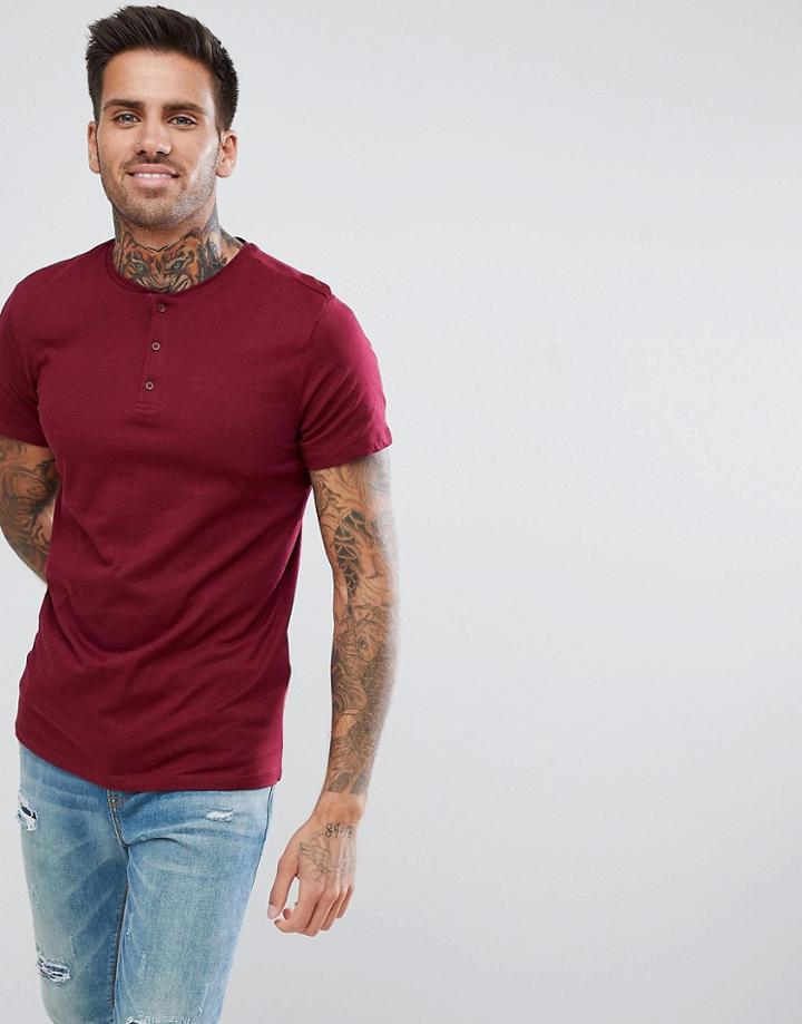 Bershka Grandad Neck T-shirt In Burgundy - Red