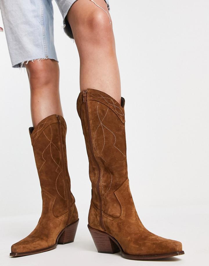Asos Design Cactus Premium Suede Western Knee Boots In Tan-brown
