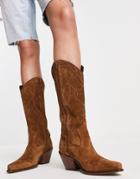 Asos Design Cactus Premium Suede Western Knee Boots In Tan-brown