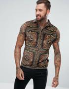 Asos Polo In All Over Paisley Print Velour With Revere Collar - Brown