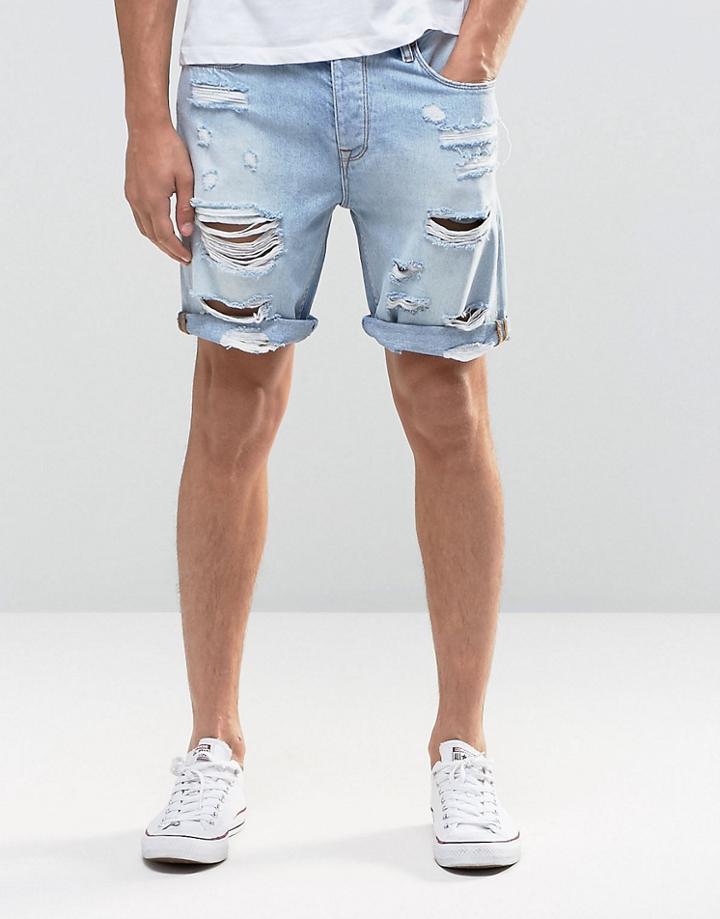 Asos Denim Shorts In Slim Fit With Extreme Rips - Blue