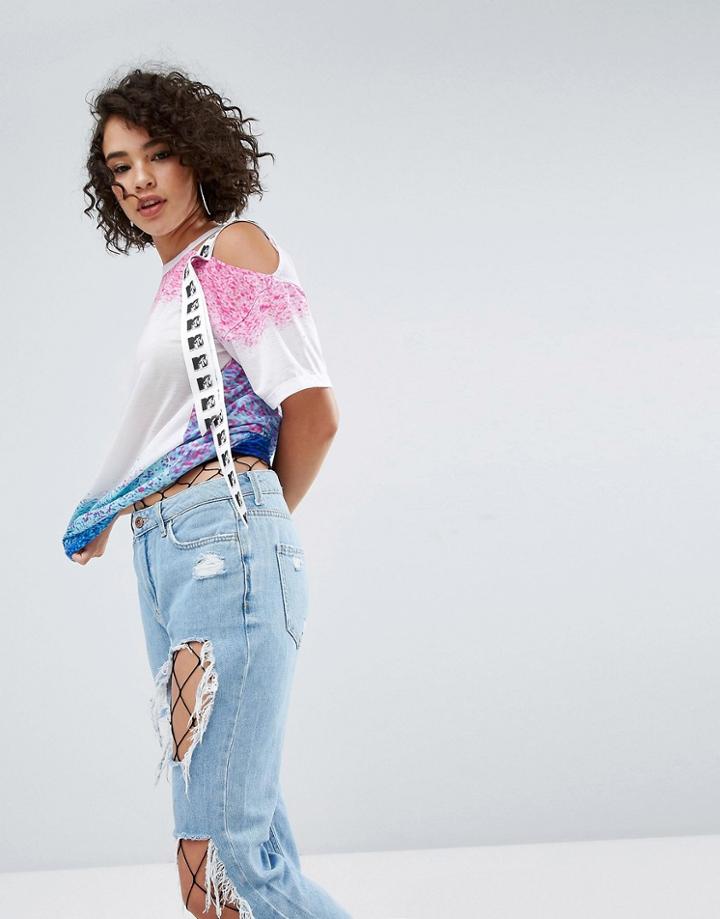 Asos X Mtv T-shirt With Asymmetric Strapping Detail In Spray Print - Multi