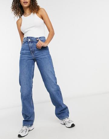 Weekday Skew Straight Leg Jeans With Cross Over Fly In Mid Wash-blues
