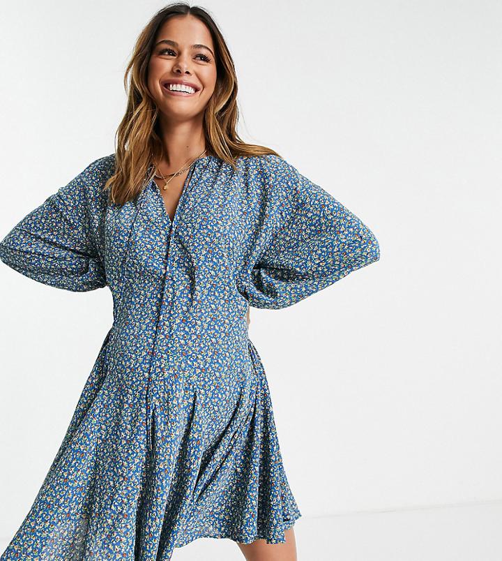 Glamorous Bloom Flippy Smock Dress With Tie Neck In Spring Floral-navy